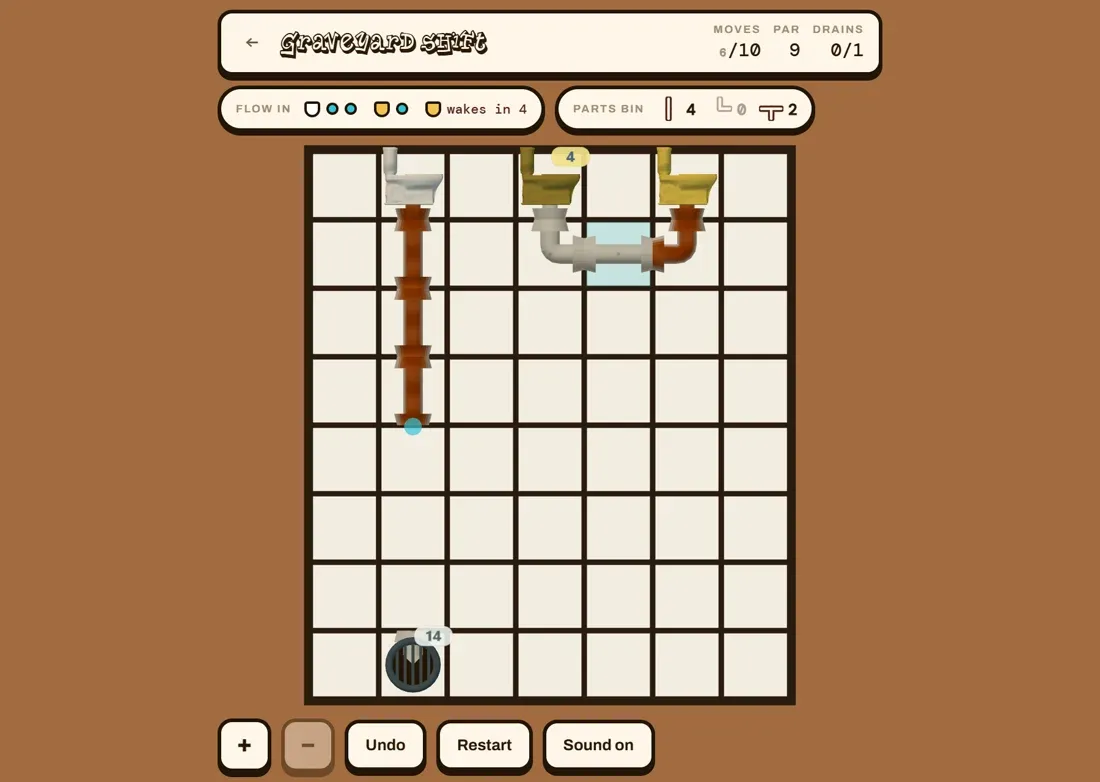 A Poopy Pipes level with toilets, a drain and a half-built pipe network
