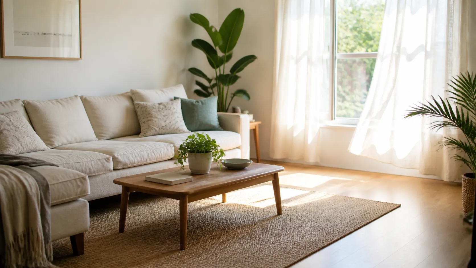 A living room just after a clean, sunlight across the floor